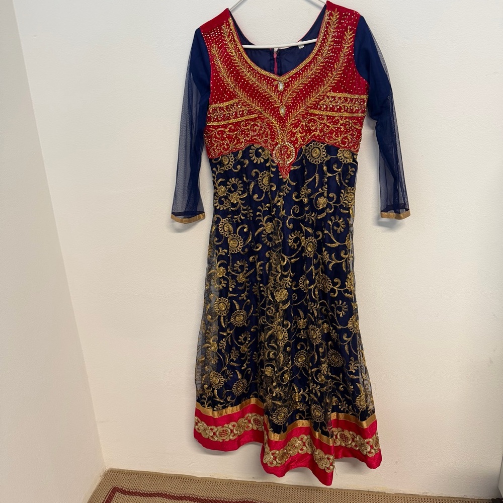 Girls Hot Pink Navy Gold Embroidered Formal Anarkali Dress with Dupatta - Picture 6 of 6